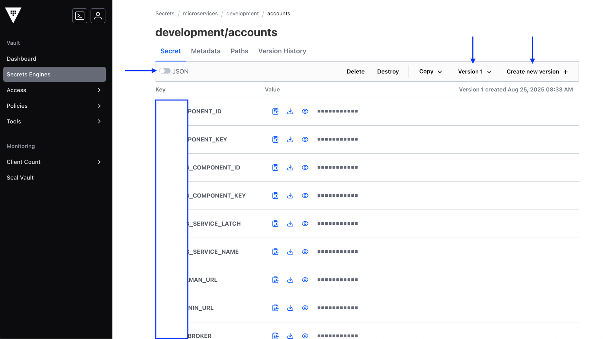 Gestion de variables de entorno - Vault UI